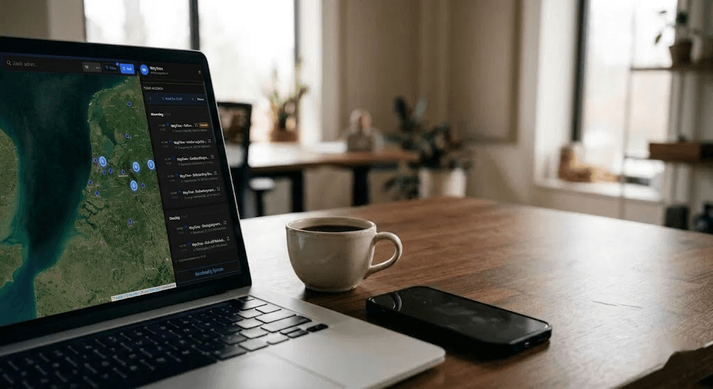 WayTime open op een laptop, met de live kaart en dagplanning